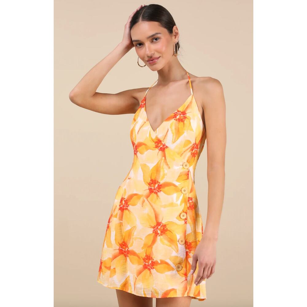 Lulus Prue Orange Floral Halter Mini Dress Rayon Resortwear Vacation XL NWT